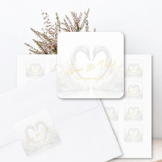 Custom Swan Wedding Save the Date Vierkante Sticker