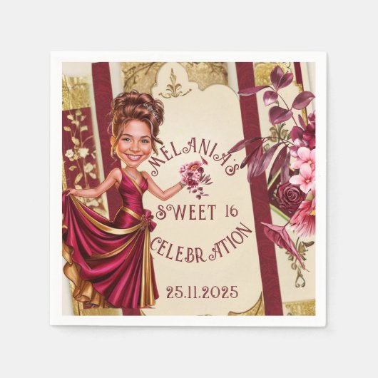 Custom Sweet 16 goud en Ruby Red karikatuur Servet (Voorkant)
