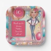 Custom Sweet 16 Karikatuur in denims Papieren Bordje (Voorkant)