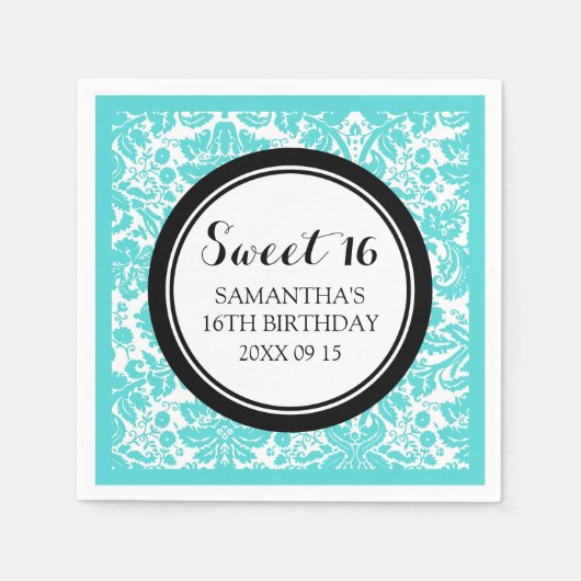 Custom Sweet 16 Verjaardag Servet Aqua Black Damas (Voorkant)