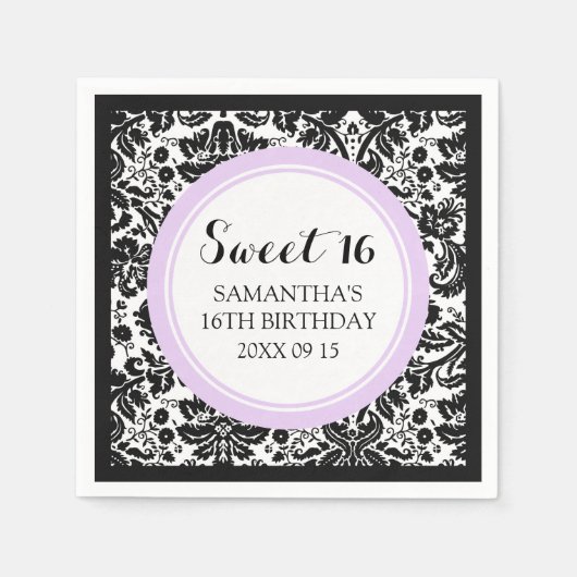 Custom Sweet 16 Verjaardag servet Black Damask (Voorkant)