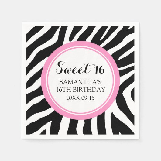 Custom Sweet 16 Verjaardag Servet Roze Zebra (Voorkant)