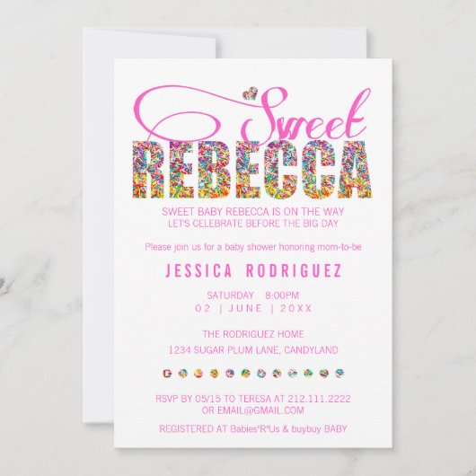CUSTOM Sweet Rebecca SNOEP Baby shower Uitnodiging (Voorkant)