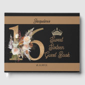Custom Sweet Sixteen Zwart Bloemen Nummer Design Gastenboek (Voorkant)