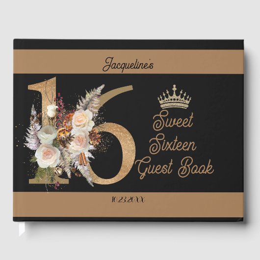 Custom Sweet Sixteen Zwart Bloemen Nummer Design Gastenboek (Voorkant)