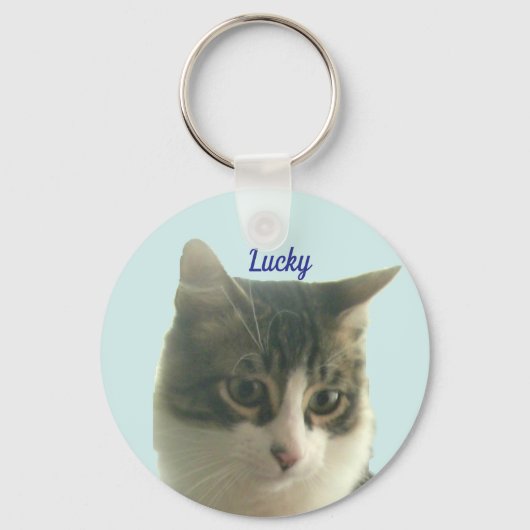Custom Tabby Cat Photo on Light Blue Sleutelhanger (Voorkant)