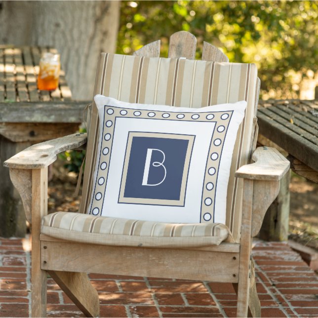 Custom Taupe Beige Dark Navy Blue Polka Dots Art Buitenkussen (Stoel)