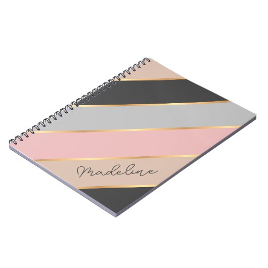 Custom Taupe Beige Grijs Blush Roze Gouden Strepen Notitieboek (Linkerzijde)
