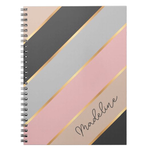 Custom Taupe Beige Grijs Blush Roze Gouden Strepen Notitieboek (Voorkant)