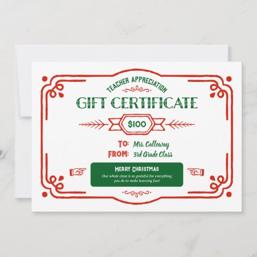 Custom Teacher Appreciation Cadeaubon Kaart (Voorkant)