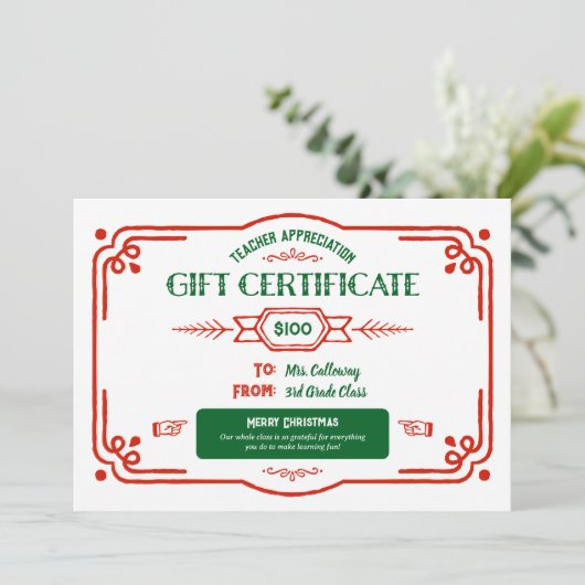 Custom Teacher Appreciation Cadeaubon Kaart (Staand voorkant)