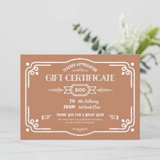 Custom Teacher Appreciation Gift Certificate Card Kaart (Staand voorkant)