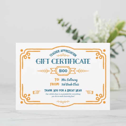Custom Teacher Appreciation Gift Certificate Kaart (Staand voorkant)