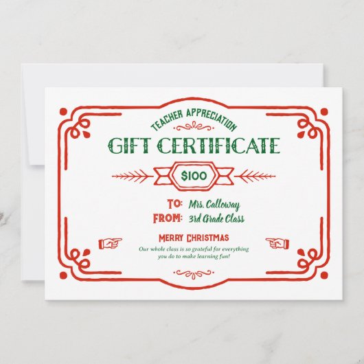 Custom Teacher Appreciation Gift Certificate Kaart (Voorkant)