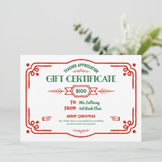 Custom Teacher Appreciation Gift Certificate Kaart (Staand voorkant)