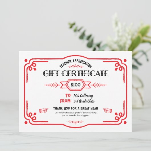 Custom Teacher Appreciation Gift Certificate Kaart (Staand voorkant)