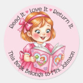 Custom Teacher Library Bookplate Girl Reading Book Ronde Sticker (Voorkant)