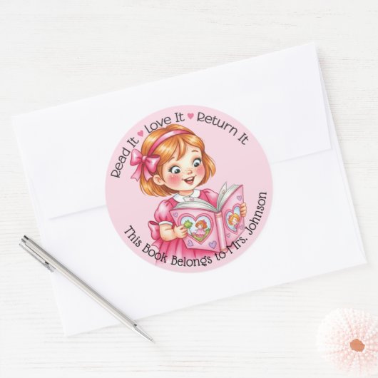 Custom Teacher Library Bookplate Girl Reading Book Ronde Sticker (Envelop)
