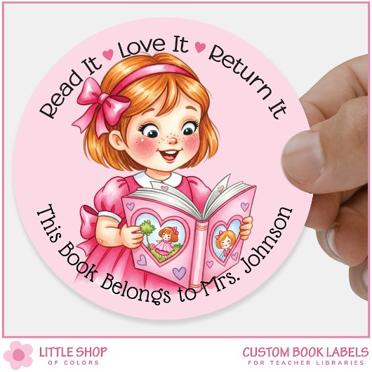 Custom Teacher Library Bookplate Girl Reading Book Ronde Sticker