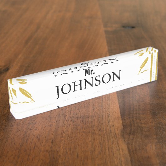 Custom Teacher Nameplate – Gold Feather Naambordje (Zijkant)