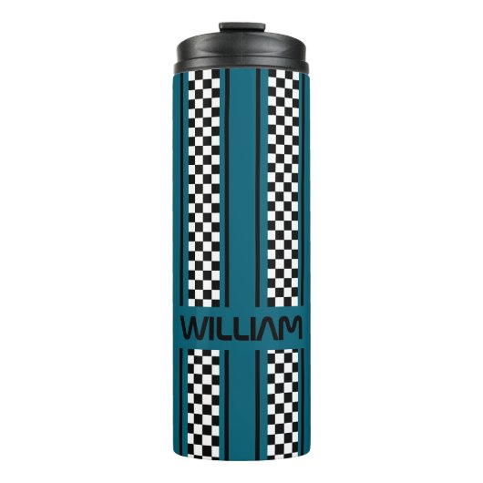 Custom Teal Blue Black Race Sport Stripe Thermosbeker (Voorkant)