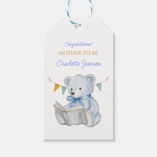 Custom Teddy Bear het lezen van een boek Baby show Cadeaulabel (Voorkant)