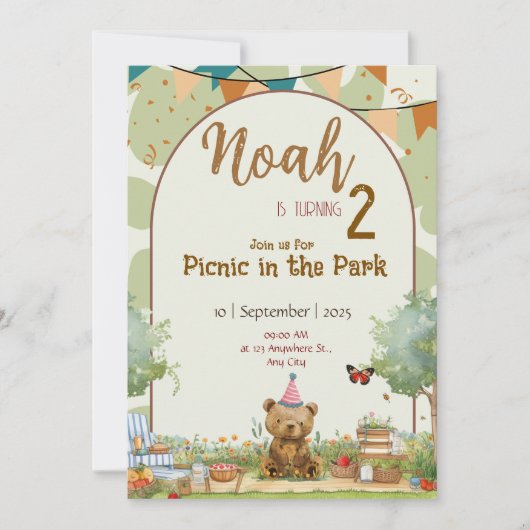 Custom Teddy Bear Picnic Birthday Invitation Kaart (Voorkant)