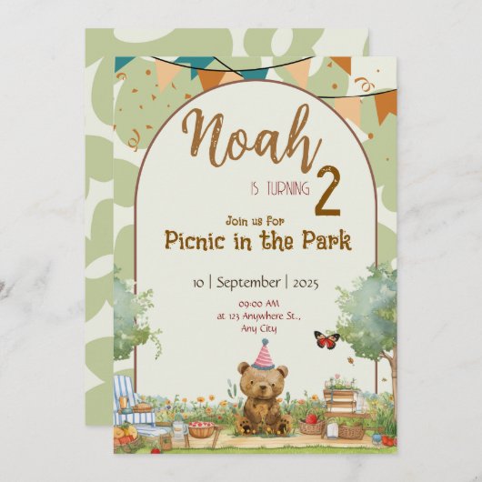 Custom Teddy Bear Picnic Birthday Invitation Kaart (Voorkant / Achterkant)