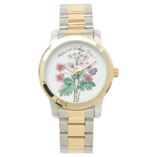 Custom (Tekst) Roze en Paarse Waterverf Bloem Horloge (Voorkant)