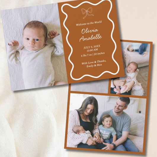 Custom Terracotta Bow Wavy Boho Collage Baby Geboo Aankondiging
