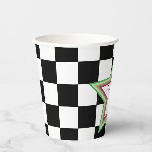 Custom Text, Checkered Happy Retirement Paper Cups Papieren Bekers (Voorkant)