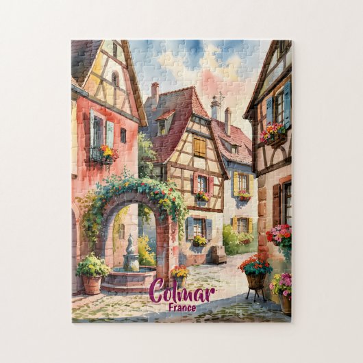 Custom Text Colmar Alsace France Watercolor Retro Legpuzzel (Verticaal)