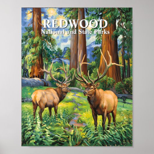 Custom Text Elk Redwood California Forest Van Gogh Poster (Voorkant)