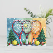 🎾🎄Custom text, Festive Three-Handed Smash Feestdagenkaart (Staand voorkant)