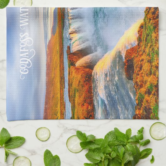 Custom Text Godafoss Waterfall, IJsland Theedoek (Gevouwen)