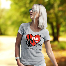Custom Text Modern Skeleton Hand Vrede en Liefde T-shirt
