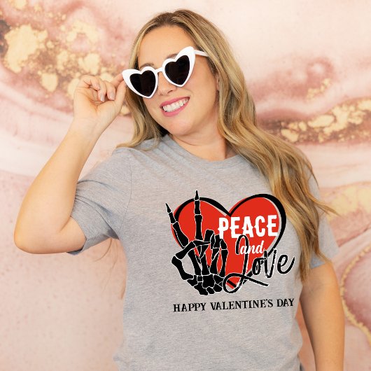 Custom Text Modern Skeleton Hand Vrede en Liefde T-shirt