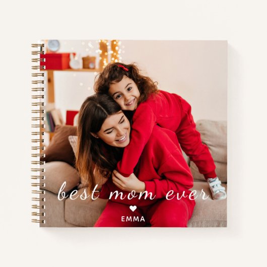 Custom Text & Photo l Best Mom Ever Script Heart  Notitieboek (Voorkant)