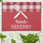 Custom text Trendy classic tartan red white match Theedoek (Gevouwen)