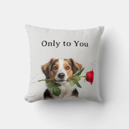 custom text valentine dog holding rose portrait kussen