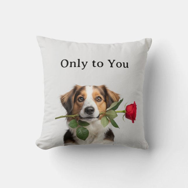 custom text valentine dog holding rose portrait kussen (Voorkant)