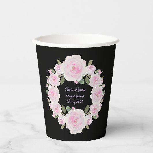 Custom Texts Pink Rose Wreath Paper Cup Graduation Papieren Bekers (Voorkant)