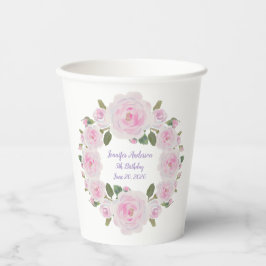 Custom Texts, Pink Roses Wreath Paper Cups Party Papieren Bekers
