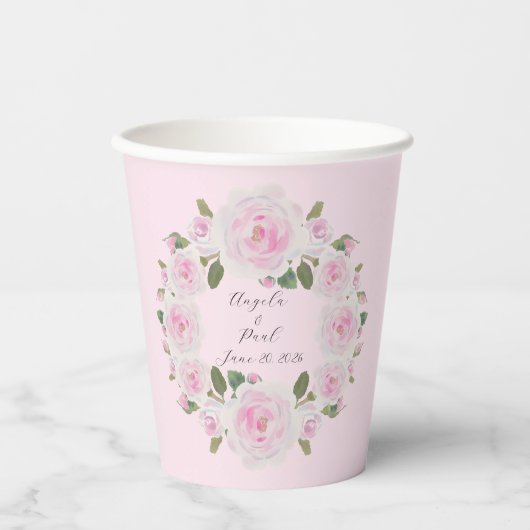 Custom Texts Pink Roses Wreath Paper Cups Wedding Papieren Bekers (Voorkant)