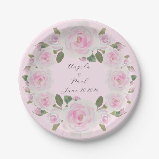 Custom Texts Pink Roses Wreath Paper Plate Wedding Papieren Bordje (Voorkant)