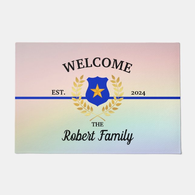 Custom Thin Blue Line Politie Badge Welkom Deurmat (Voorkant)