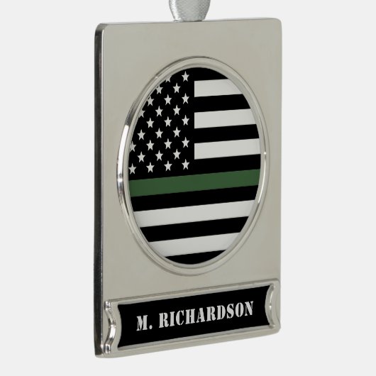 Custom Thin Green Line USA Flag Army Hero Verzilverd Banner Ornament (Rechts)