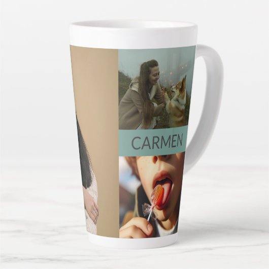 Custom Three-Photo Collage and Personalized Text Latte Mok (Rechterhoek)