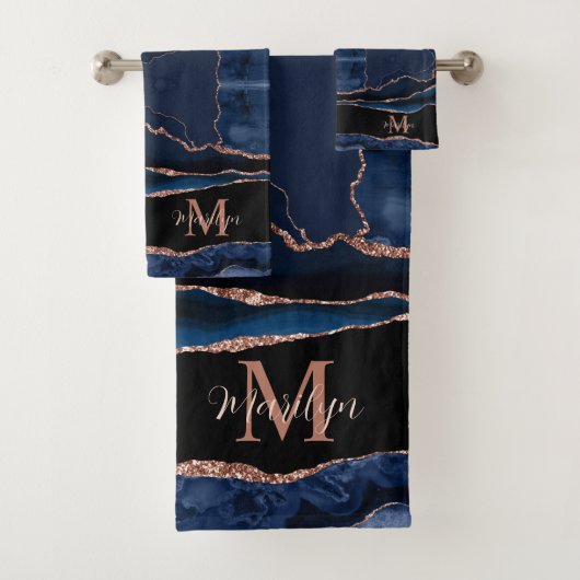 Custom Trendy Navy Blue Agaat Roos Gouden Glitter Bad Handdoek (Insitu)