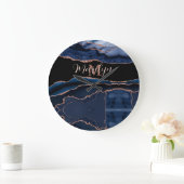 Custom Trendy Navy Blue Agaat Roos Gouden Glitter Grote Klok (Huis)